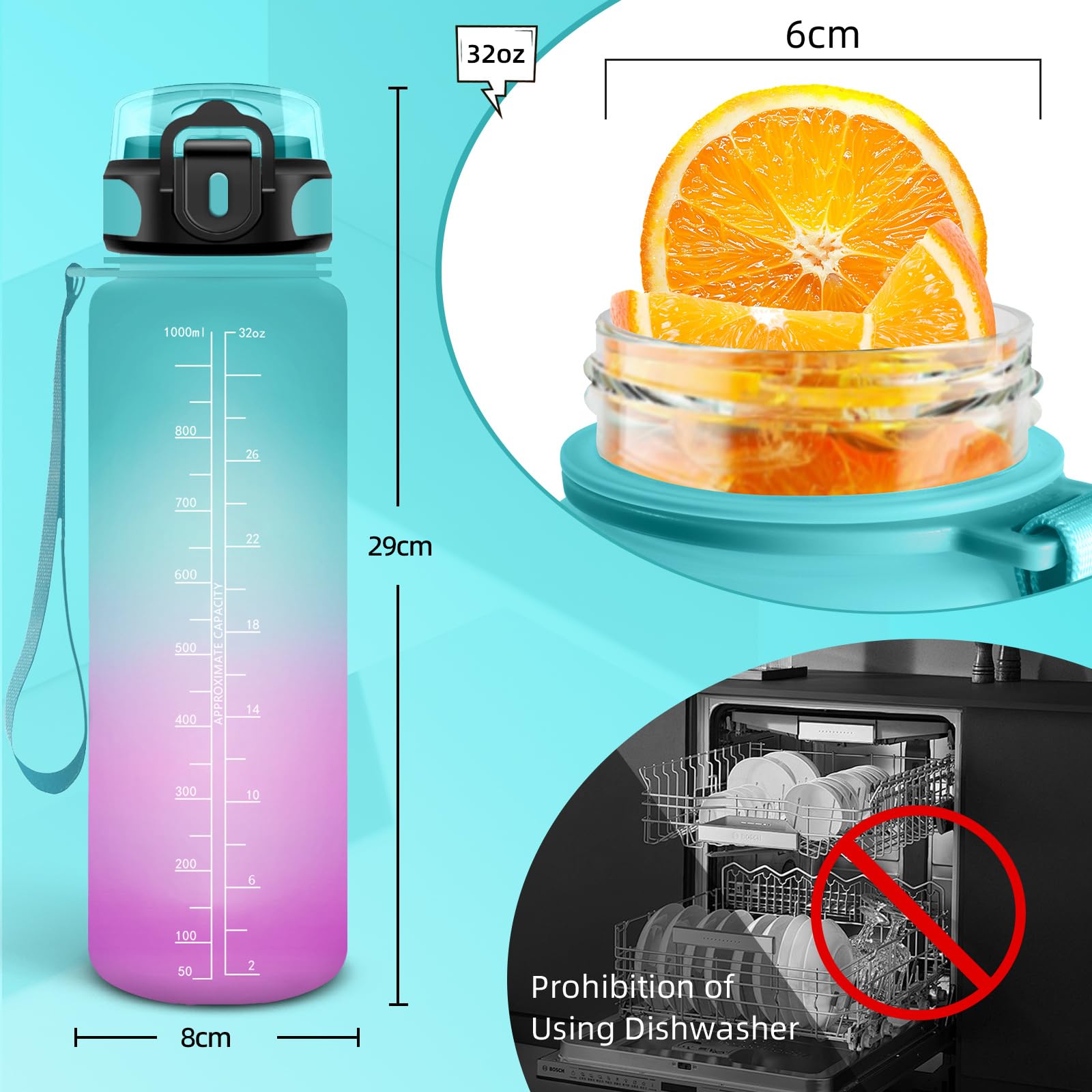 Drinkfles, 1 liter, motiverende drinkfles met filter, lekvrije waterfles, gemakkelijk te openen, sportwaterfles met tijdweergave, drinkfles voor volwassenen, fitness, fietsen, school
