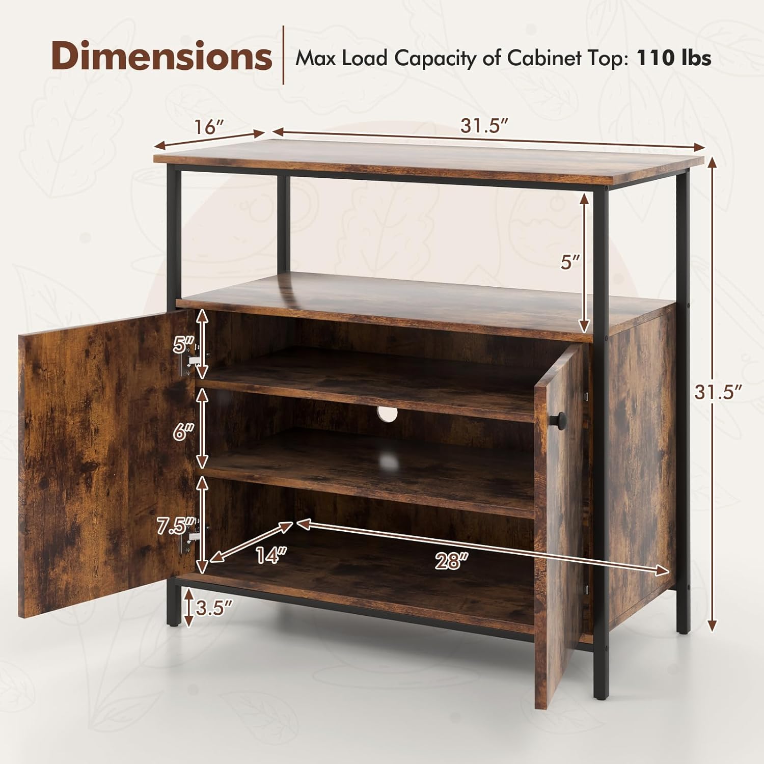 Buffet Cabinet, Industrial Storage Cabinet w/Doors and Metal Legs, Farmhouse Coffee Bar, Rustic Console Table for Kitchen, Dining Living Room, Entryway (Rustic Brown, 31.5''H)