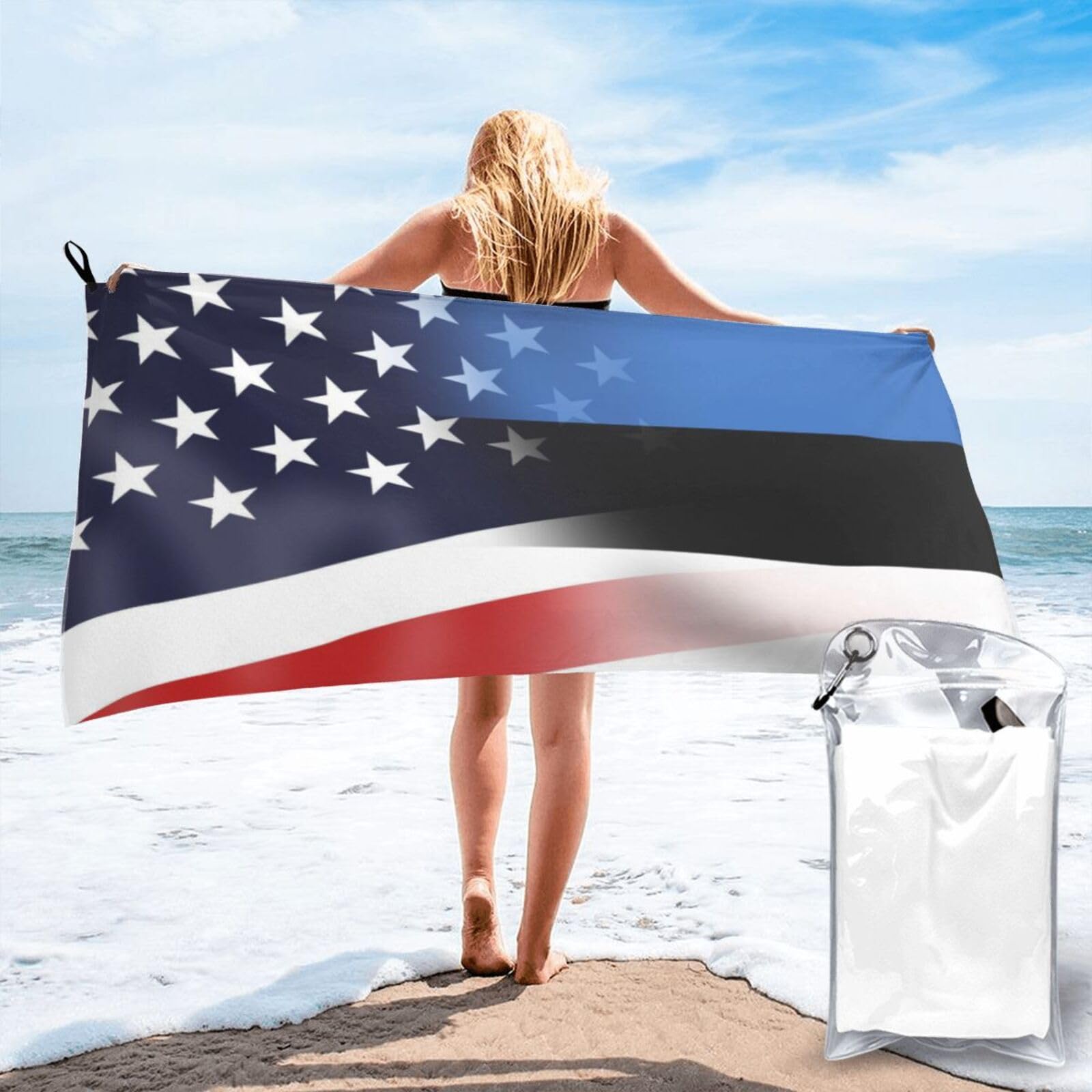 HACXZ Funny America Flag and Estonians Flag Absorbent Beach Towel Microfiber Beach Shower Towel 31.5"X63"