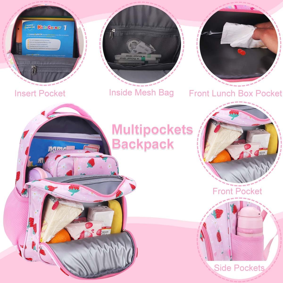 RHCPFOVR Kids Backpack for Girls - Girls Backpack 3-8 Ages Strawberry for Kids 15 Inch School Bookbag for Kindergarten Elementary School Bookbag for Girl 1st 2nd Grade - Image 3
