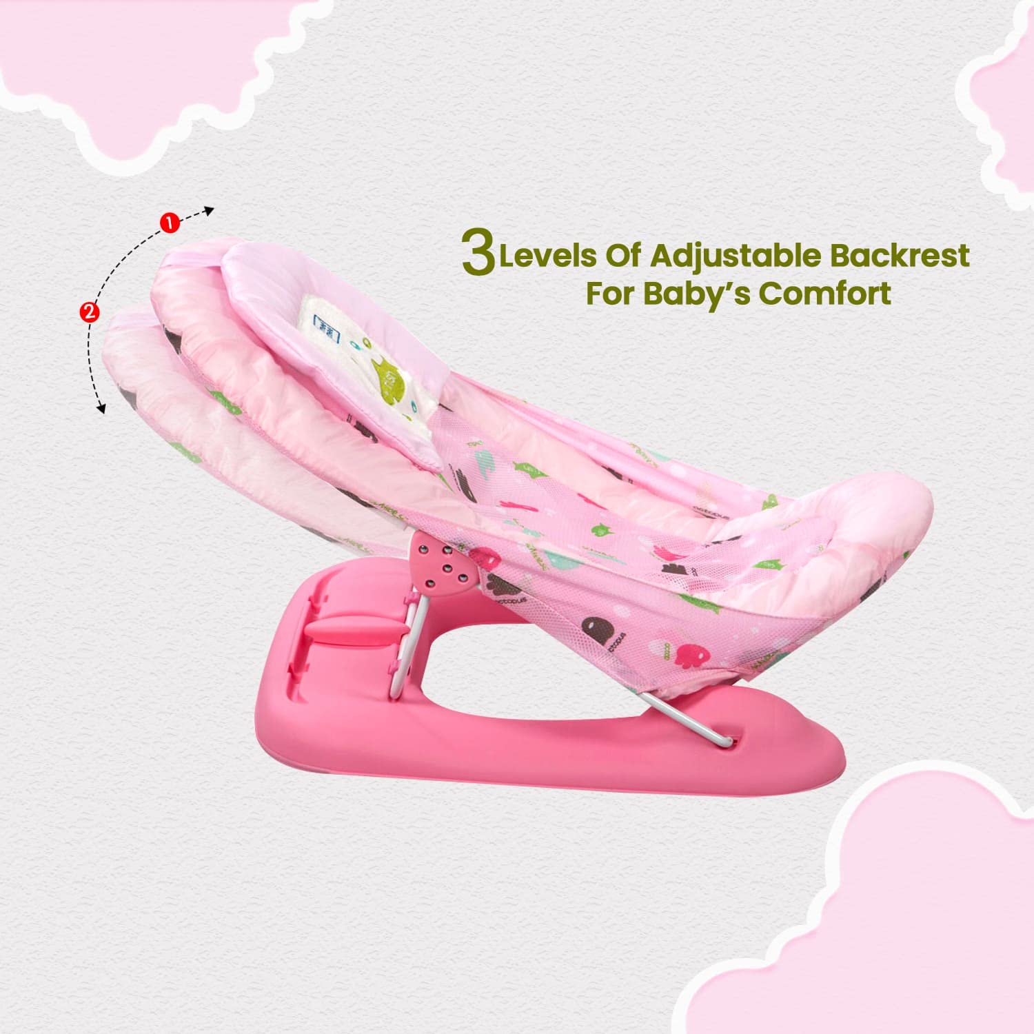 Mee Mee New Born Spacious Baby Bather Bath Chair For 0-12 Months | Easy Flat Folding, Washable Soft Mesh Large Seat And Foot Rest | 3 Position Adjustable Chair | Anti Skid Base | For Babies Upto 5 Kg (Pink) - Image 4 thumbnail