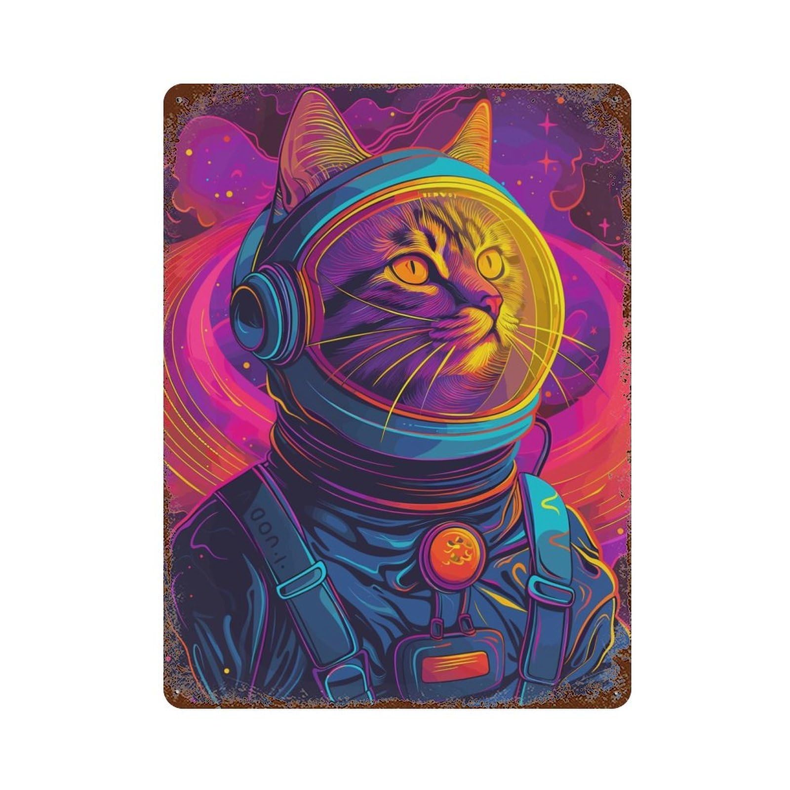 Distressed Metal Wall Sign with Astronaut Space Cat Animal Design 15.7"x11.8", for Living Room, Hallway And Home Decor, Vintage Wall Decor