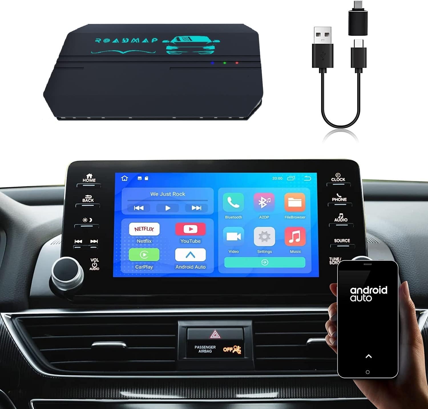 RoadMap Upgraded Carplay AI Box - 4 in 1- Android 13, Wireless carplay/Android Auto, 8+128GB, Headphone Jack, Cars with OEM Wired CarPlay, YouTube, Netflix for Nissan Ford Mercedes Mazda Kia, 600+Cars