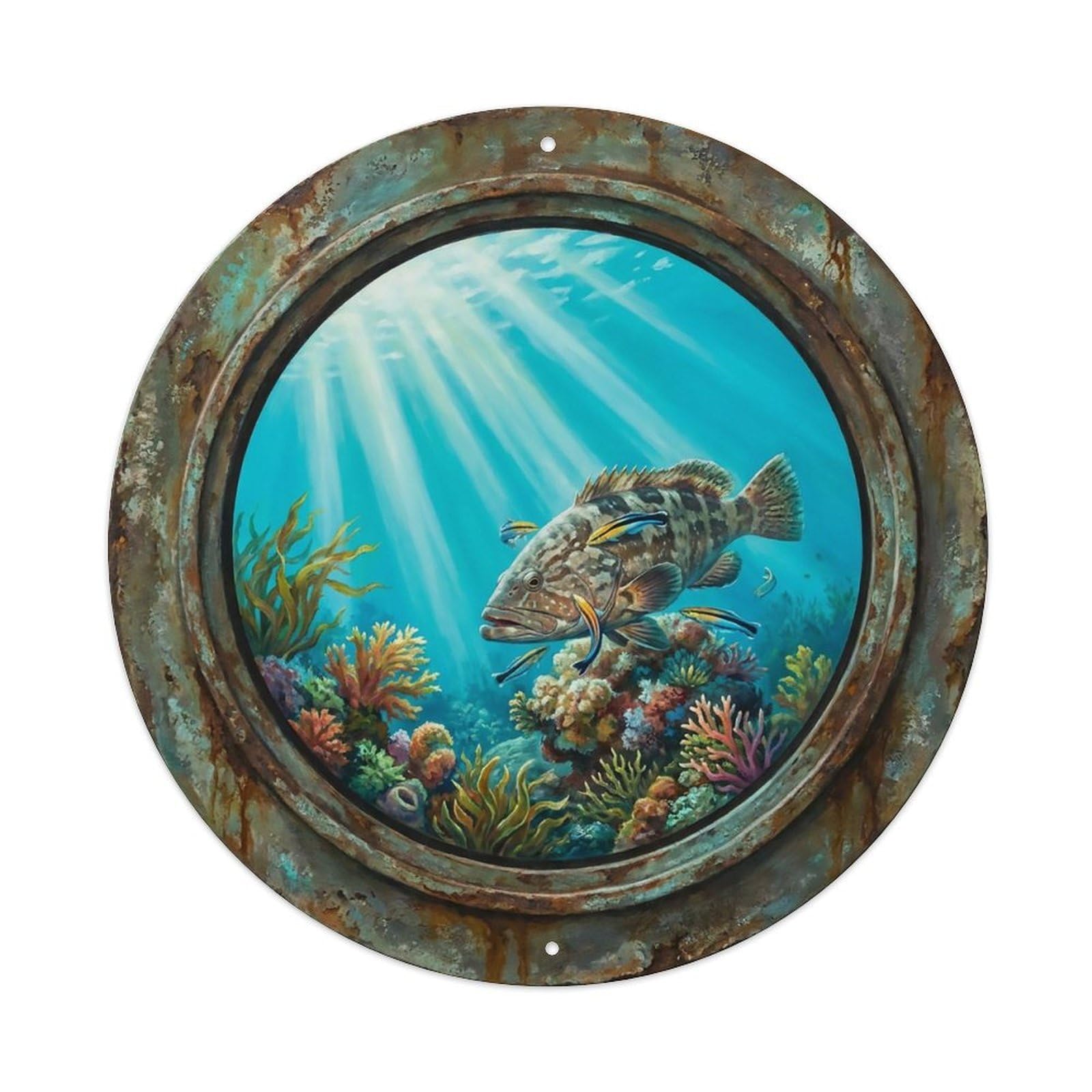 Vintage Porthole Wrasse Cleaning Ship Window Undersea Deep Sea Metal Tin Sign