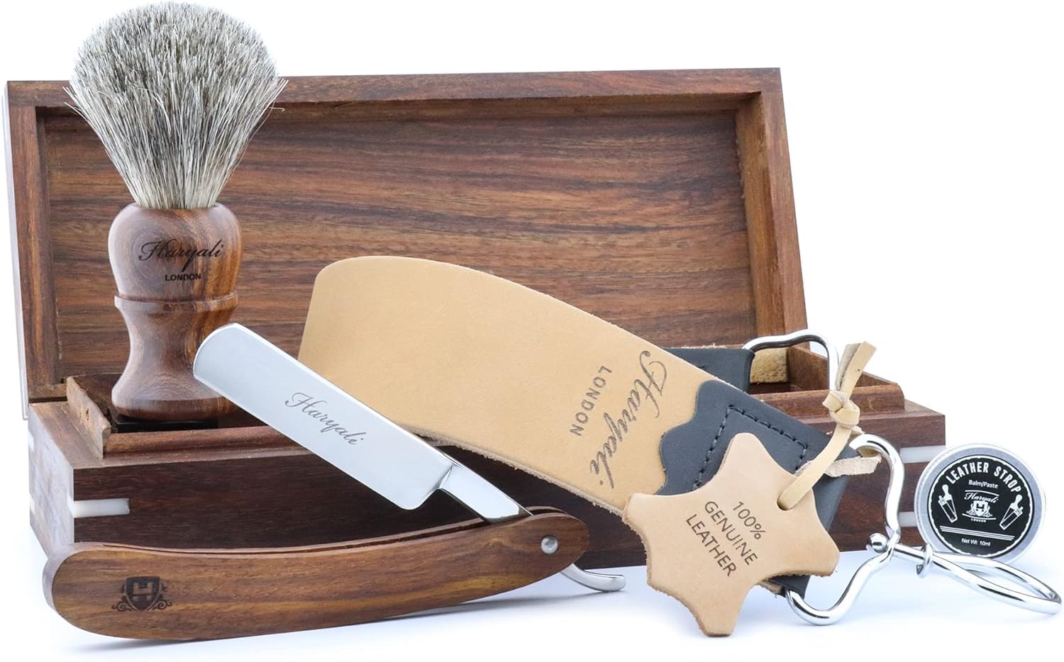 Haryali London Klasyczna kolekcja salon fryzjerski drewniane pudełko proste gardło drewniana golarka do golenia, drewniana szczotka do golenia włosów czarnego borsuka, skórzany strop, pasta do