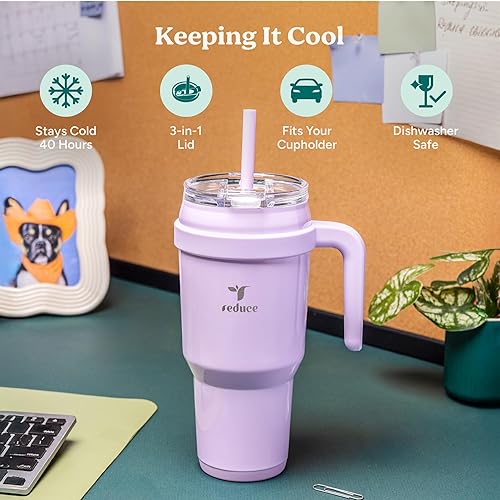 Miniatura 3 de REDUCE Vaso térmico de acero inoxidable de 40 onzas con asa - Taza de viaje con aislamiento al vacío de doble pared, tapa a prueba de sudor y pajita