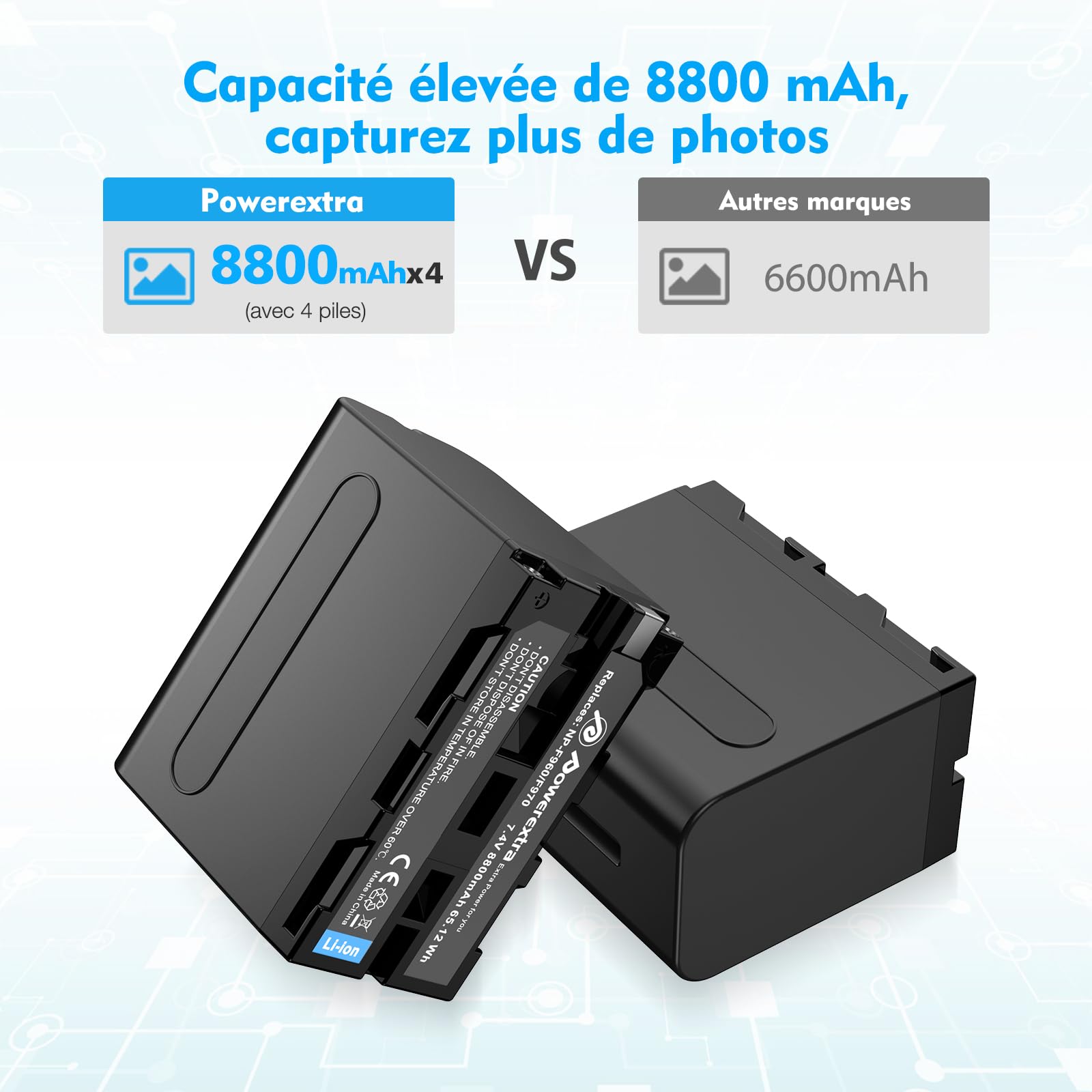 Powerextra NP-F970 Batteries Lot de 4 Batteries et Chargeur 4 canaux pour NP-F970, NP-F960, NP-F950, NP-F930, NP-F770, NP-F750, NP-F570, NP-F550