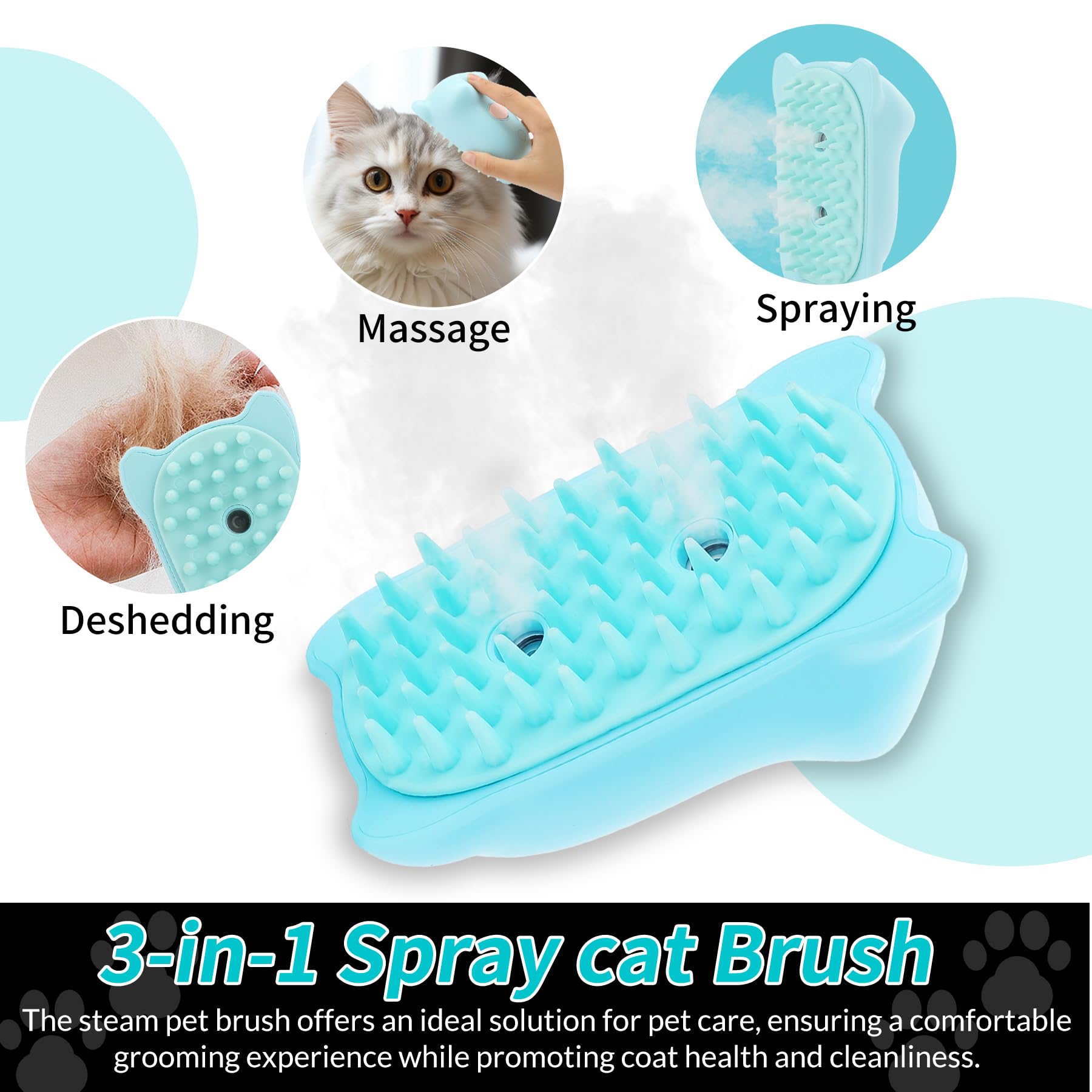 Spazzola a vapore per gatti, spazzola 3 in 1 per gatti a vapore per spargimento di capelli, spazzola per toelettatura con vapore, spazzola ricaricabile in silicone per animali domestici, per cani e
