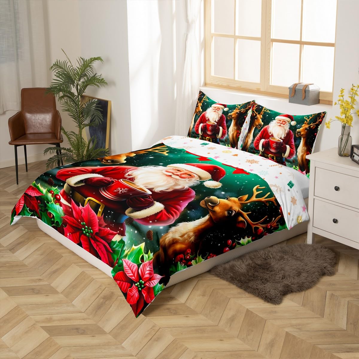 Homewish Czerwony Święty Mikołaj zestaw pościeli kreskówka czerwona świąteczna poszewka na kołdrę Super King, renifer łoś Boże Narodzenie dekoracja poszewka na kołdrę dla dzieci chłopców dziewcząt