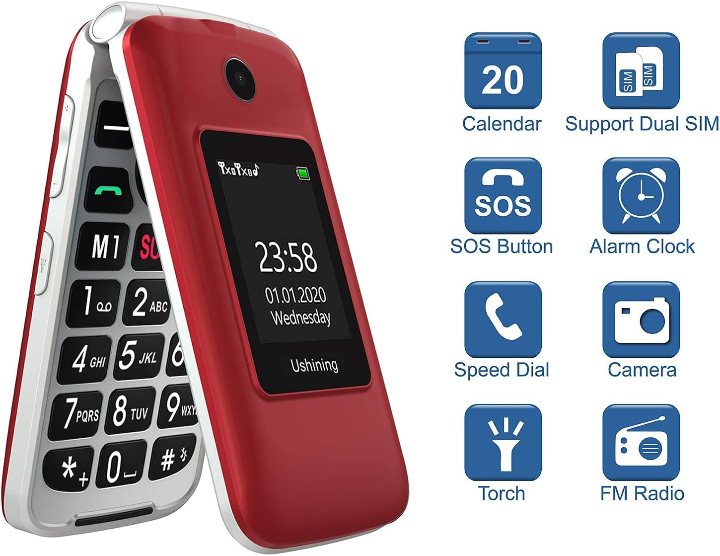 Icons representing key features of the USHINING F280 phone.