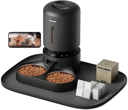 Bundle of PETLIBRO Automatic Cat Feeder with Camera for 2 Cats (Dual Tray, Black) and 6 Packs Pet Food Desiccant Bag and Silicone Cat Food Mat