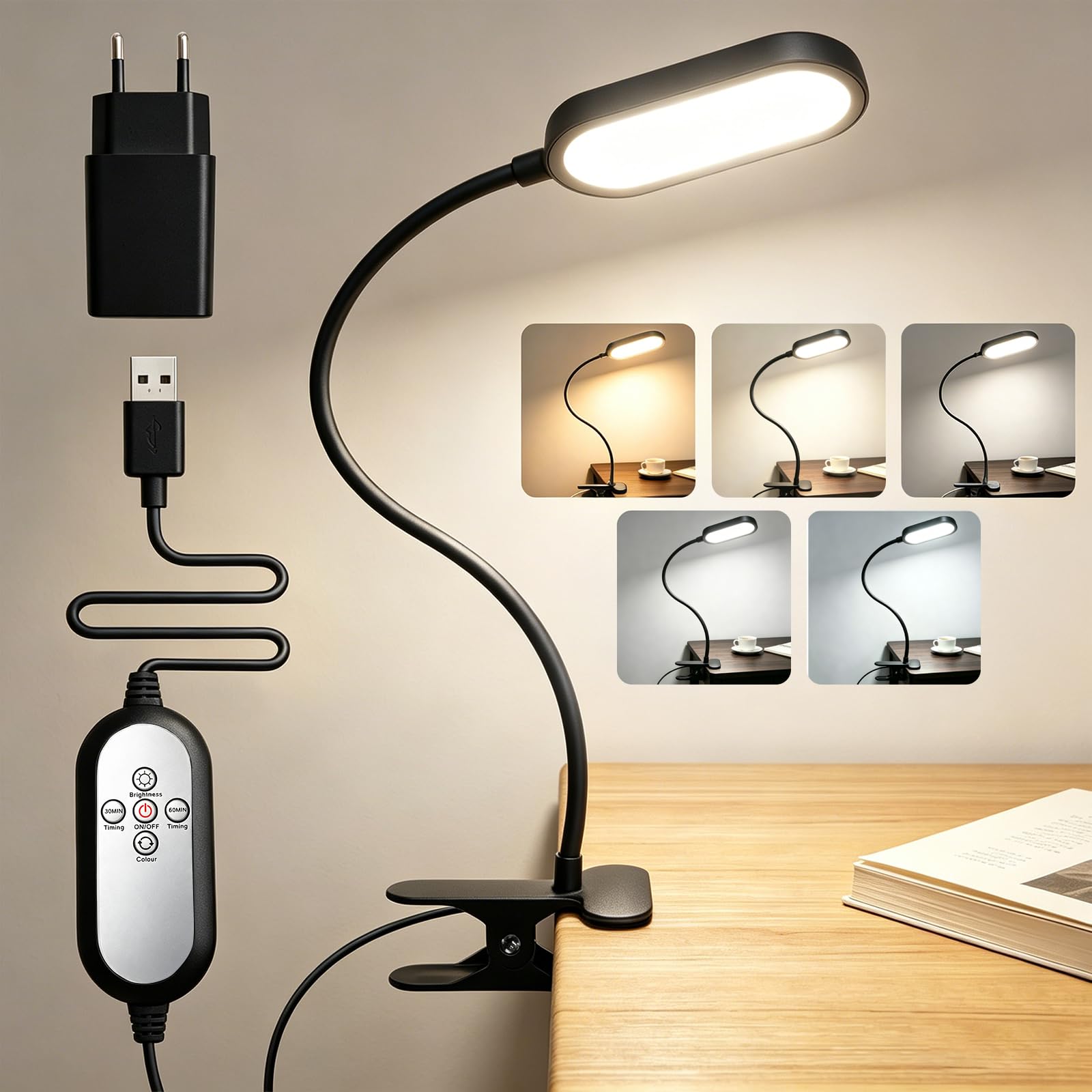 Lampada da Lettura 48 LED Lampada con Pinza 5 Temperature Colore & 10 Luminosità Dimmerabile Lampada da Scrivania 360° Flessibile con Timer, Funzione Memoria e Adattatore per Libro Letto Tavolo 40cm