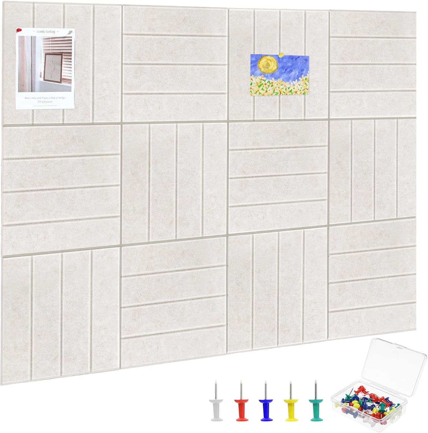 Thboxes Felt Bulletin Board Tiles 48" x 36", 12-Pack Cork Board for Office, Pin Board with 60 Pushpins Cork Boards for Office Decor Walls Organizer, 70 Adhesive Tabs Included - Oatmeal