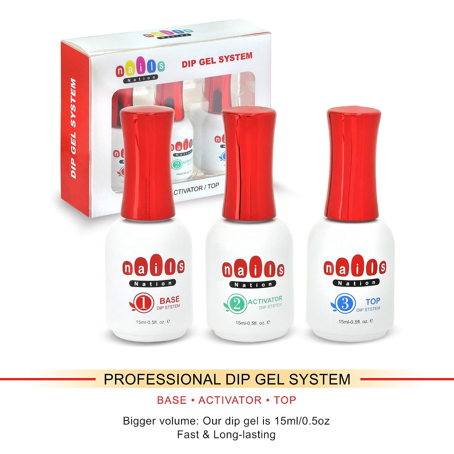 Dip Powder Gel Liquid Set Only 3 x 15ml/ Bottles Base Coat Liquid Set for 21 Days of Vibrant Nails - No UV or LED Needed - Nail Dip Powder Liquids - Cruelty-Free Formula