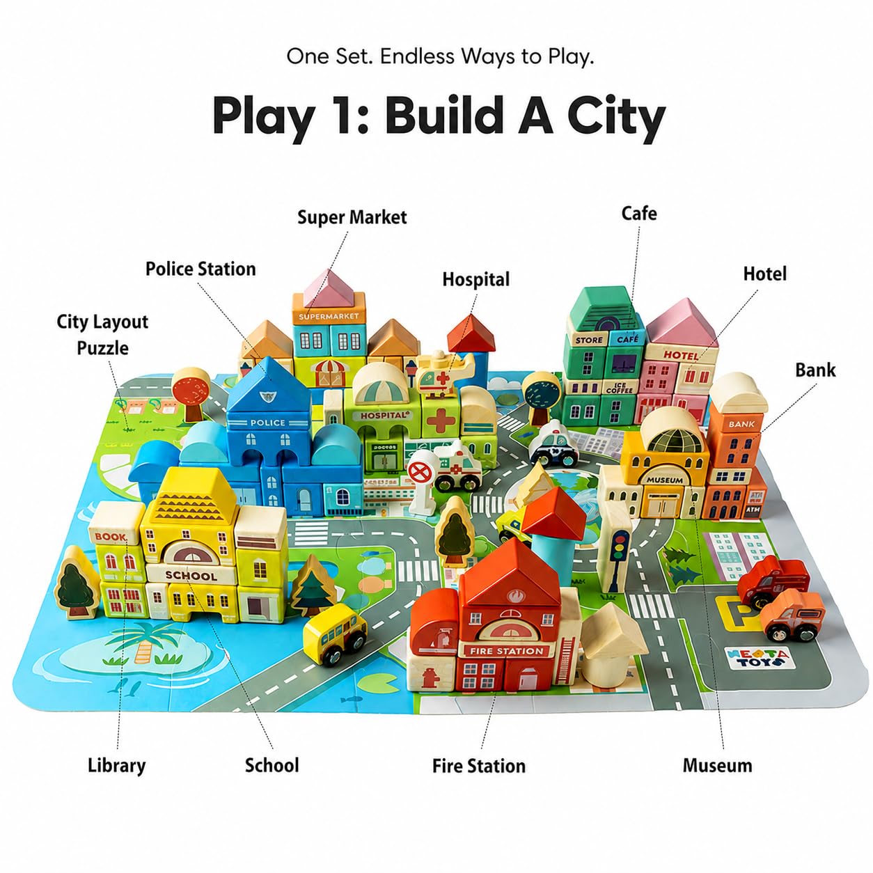 Nesta Toys 115-Piece Wooden City Building Blocks Set | Alphabet A-Z + Numbers 0-9 + 8 City Landmarks | Builds Spatial Reasoning, Fine Motor Skills & Creativity | Non-Toxic | Gift for Ages 3-8 Years 1