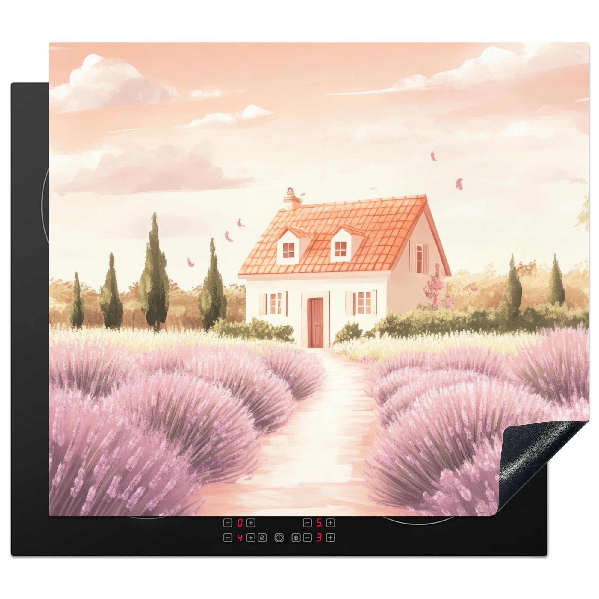 KitchenYeah© Induction Hob Protector Mat 20.3"x22.7" / 57.6x51.6 cm Stove Cap Top Cover Kitchen Cooker Covers for Electric Hobs Vinyl Lavender Field - House - Purple