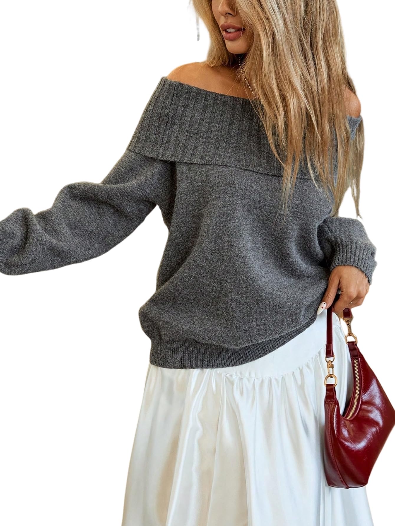 Women Sweater 2025 Trendy Casual Solid Color Long Sleeve Sweater Off The Shoulder Sweater Fall Outgoing Pullover Tops