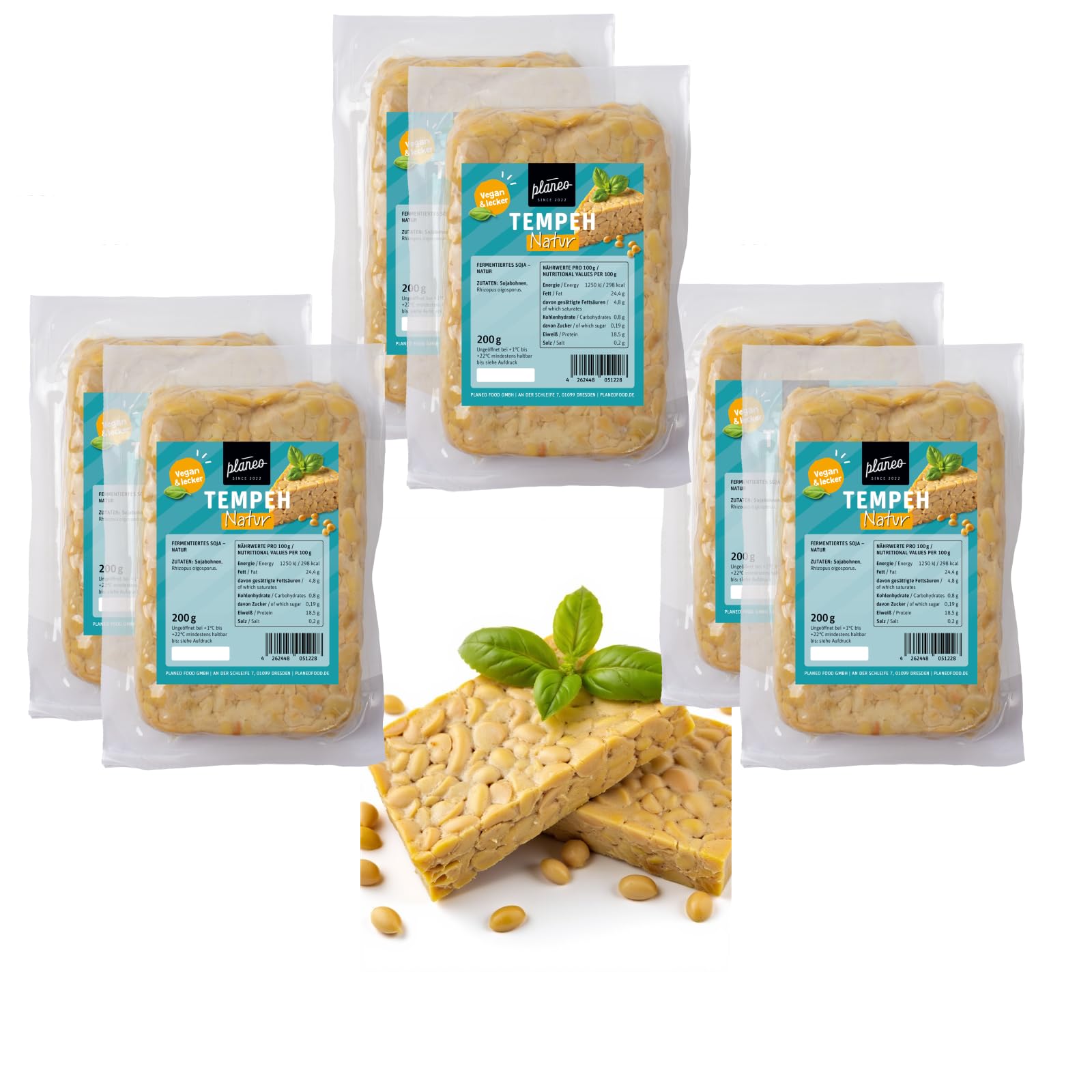 Planeo Tempeh Natur 6x200g - Beste Qualität - Lange, ungekühlt haltbar - Soja aus der EU - Planeo (6 x 200g)