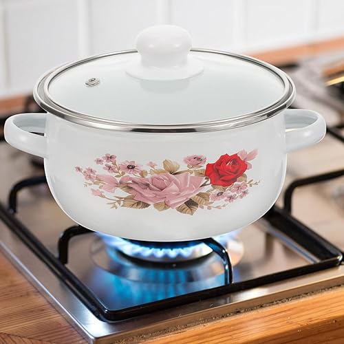 Miniatura 2 de Yardwe Juego de 3 ollas esmaltadas con tapa, olla de cocina retro floral a fuego lento, olla de sopa de esmalte profundo para restaurante casero