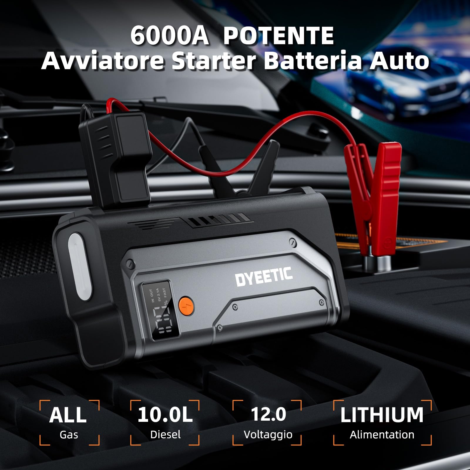 Avviatore Batteria Auto 6000A, Avviatore di Emergenza per 12V Auto/Moto (Tutti Gas o 10L Diesel), Starter Batteria Portatile Booster Avviamento con Torcia a LED, Cavi di Avviamento