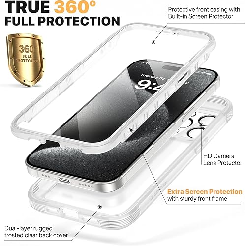 Miniatura 46 de Diaclara - Funda diseñada para iPhone 15 Plus de 6.7 pulgadas, transparente, cuerpo completo, con protector de pantalla, resistente de protección
