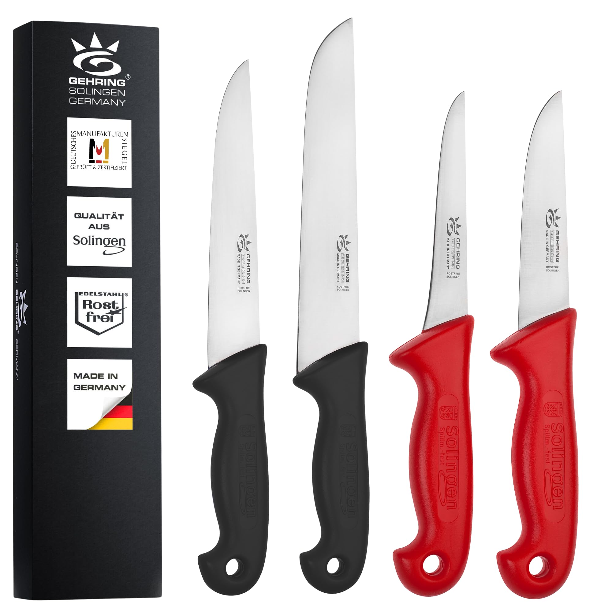 GEHRING Solingen Schlachtermesser Set 4-teilig I Ausbeinmesser 13cm I Stechmesser 13cm 17cm I Blockmesser 20cm I Metzgermesser I rostfreier Edelstahl I ergonomischer Kunststoffgriff I Made in Germany