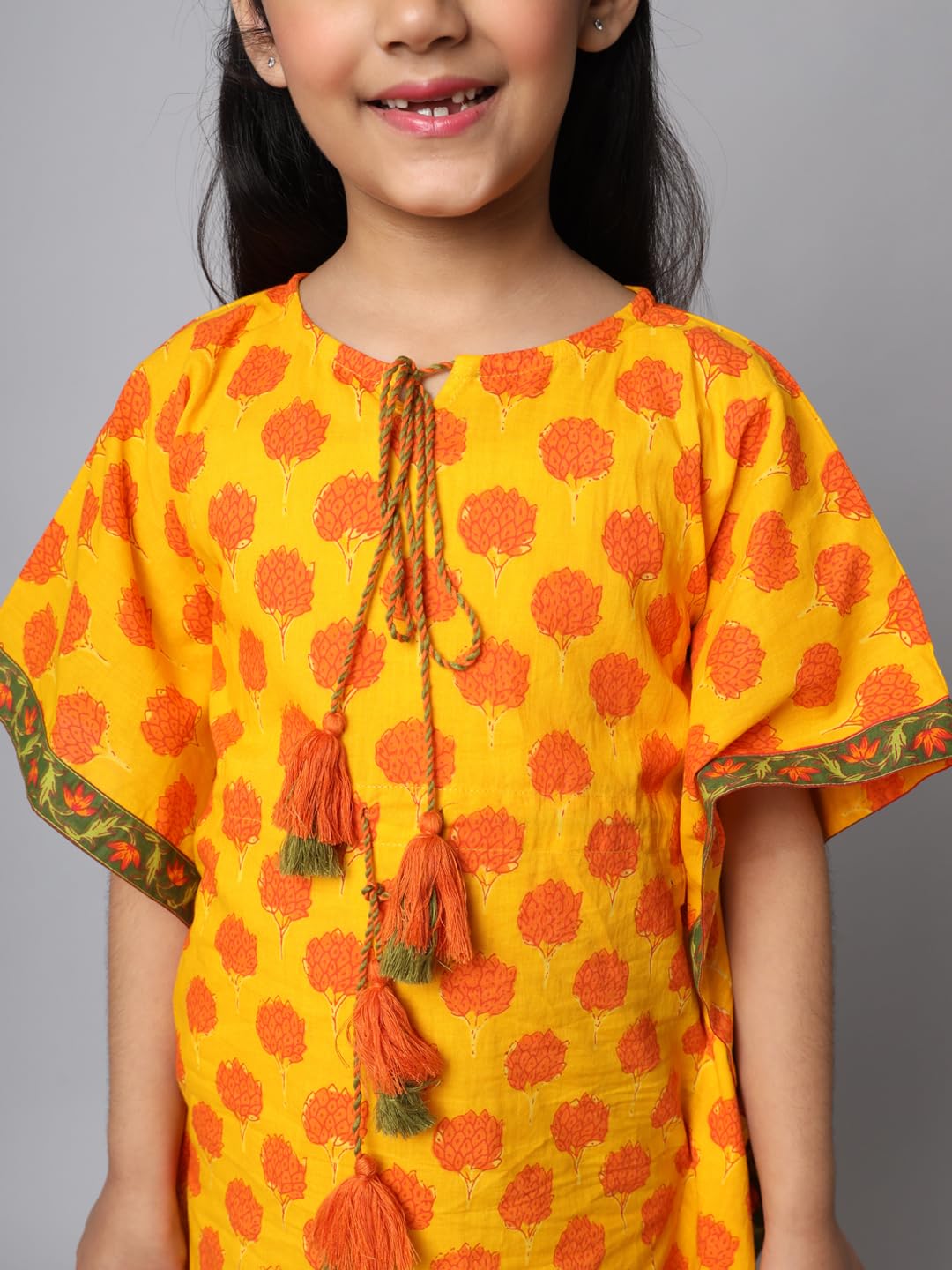 FABRIC FITOOR Girls Cotton Yellow Colour Floral Print KaftanTop (5/6y) 2