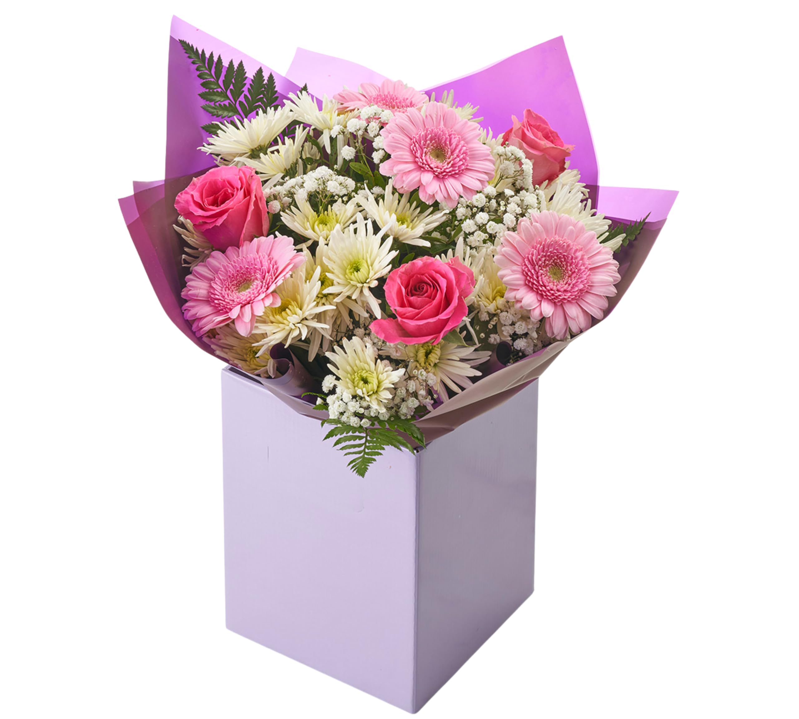 Pastel Pink and White Arrangement Fresh Flowers, Seasonal Blooms with Roses, Gerbera, Gypsophila, Chrysanthemum – Floral Design for Birthday, Anniversaries, Festive Gifting