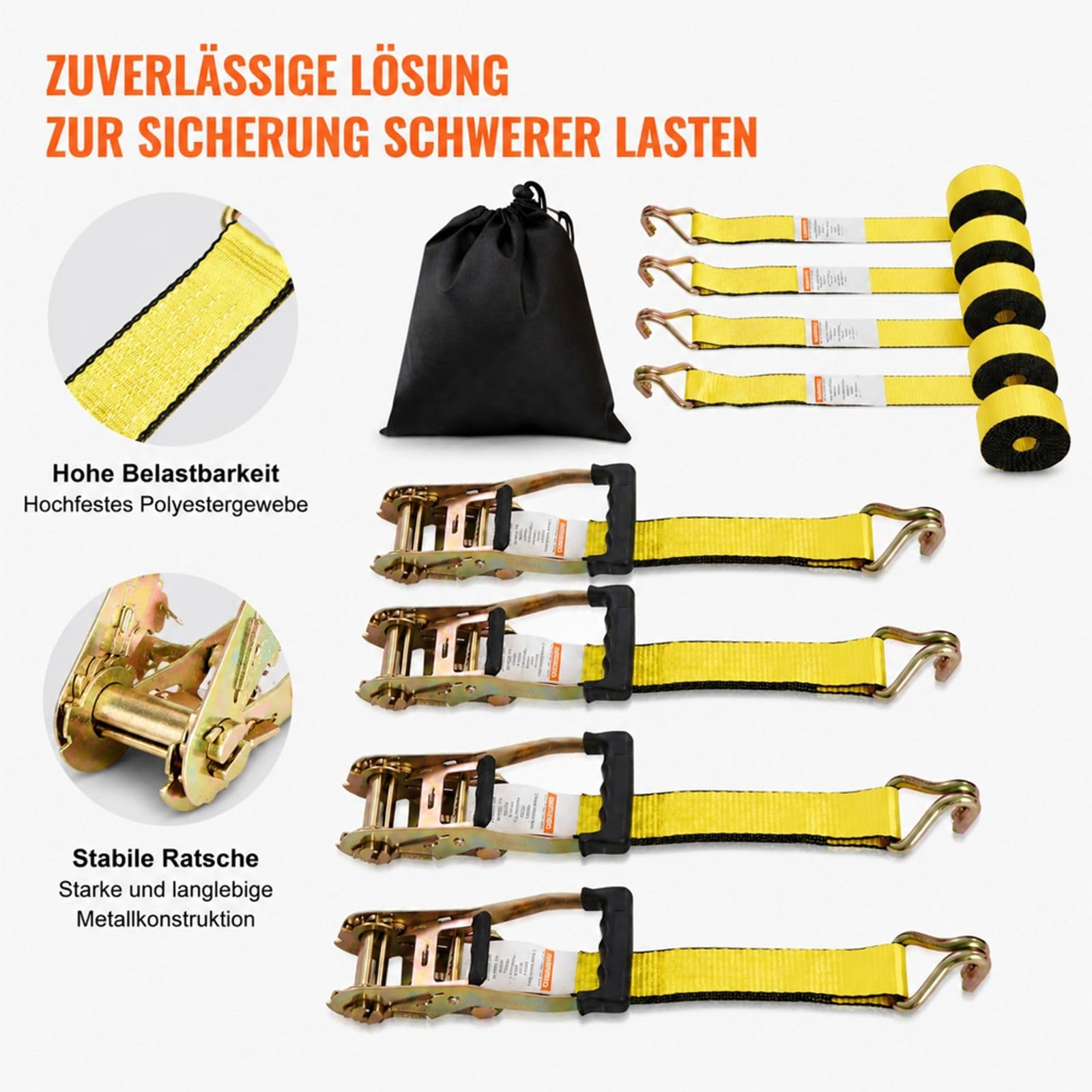 4er-Set Ratschengurte mit Doppel-J-Haken und gepolsterten Griffen für Umzug, Ladung, Haushaltsgeräte und Gartengeräte