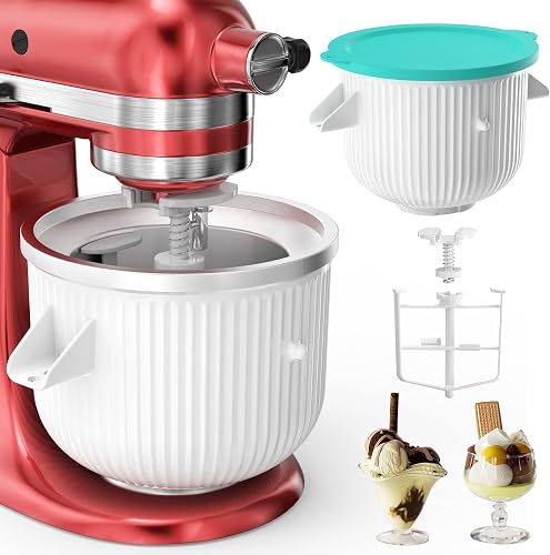 Ice Cream Attachment for KitchenAid Mixer, Ice Cream Bowl Compatible with 4.5Qt and 6QT Or Larger Stand Mixers KitchenAid Attachment, Frozen Yogurt & Sorbet Gelato Maker Attachment, 2 Qt With lid