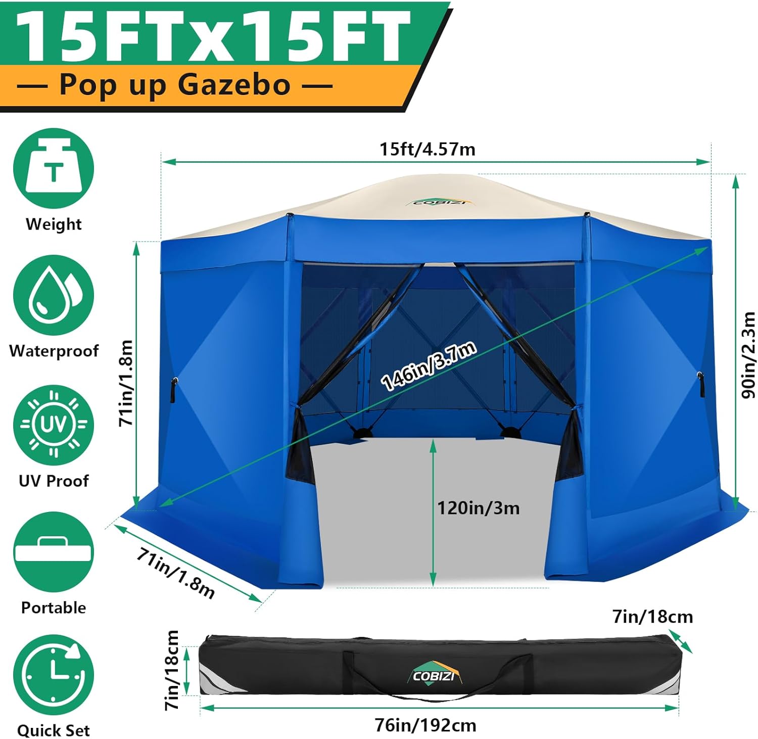 cobizi 15x15ft pop up gazebo screen tent screen house for camping, screen room with mosquito netting, hub tent instant screened canopy with carrying bag and ground stakes, blue blue 15x15ft(+7 sidewalls 2026pro)