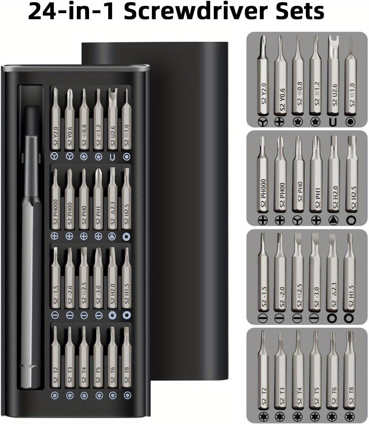 Generic 25-in-1 Precision Screwdriver Set, Magnetic Mini Multi-Function Repair Tool Kit for Electronics, Laptops, Watches & More, Black, Flat, Cross, Torx, Torx Safety, Pentagon, Hexagon Heads