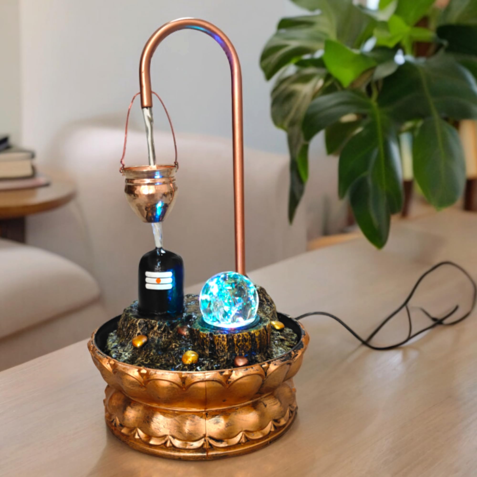 Decrosh Copper Metal Shivling Water Fountain with Crystal Ball for Home Decor Showpiece Tabletop Waterfall Fountain Decoration | Indoor & Outdoor