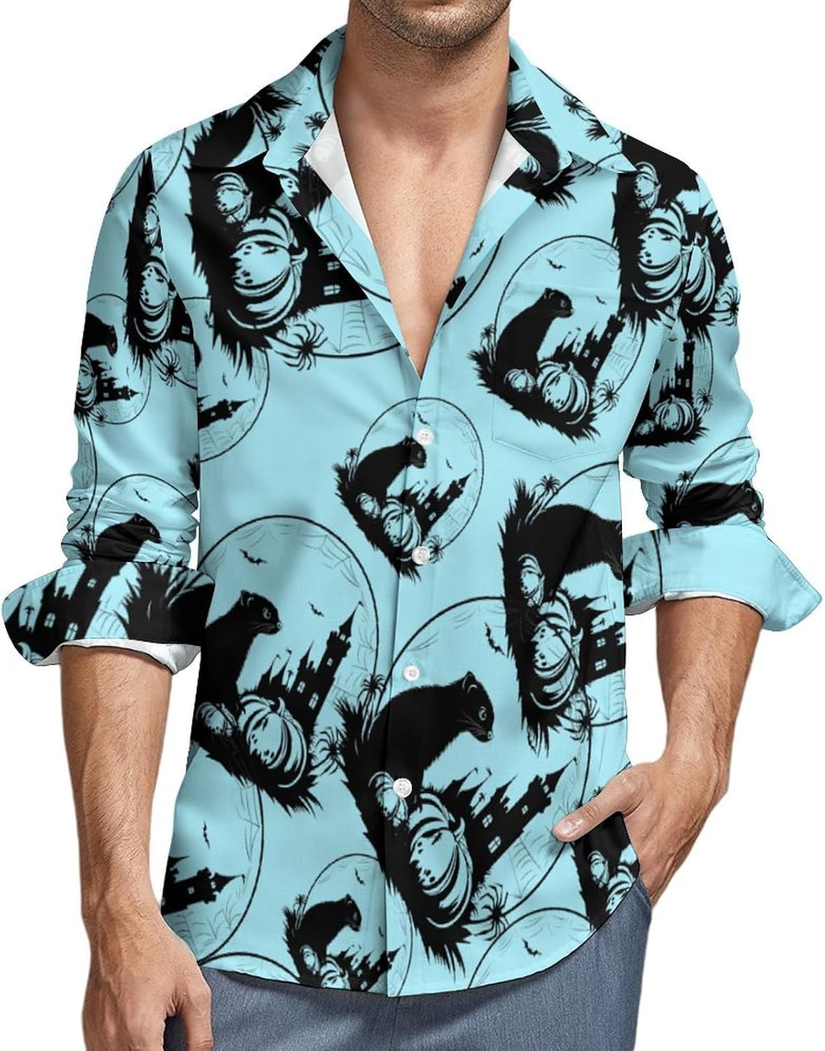 Ferret Halloween Long Sleeve Shirts Casual Dress Shirt Button-down T-shirts for Men