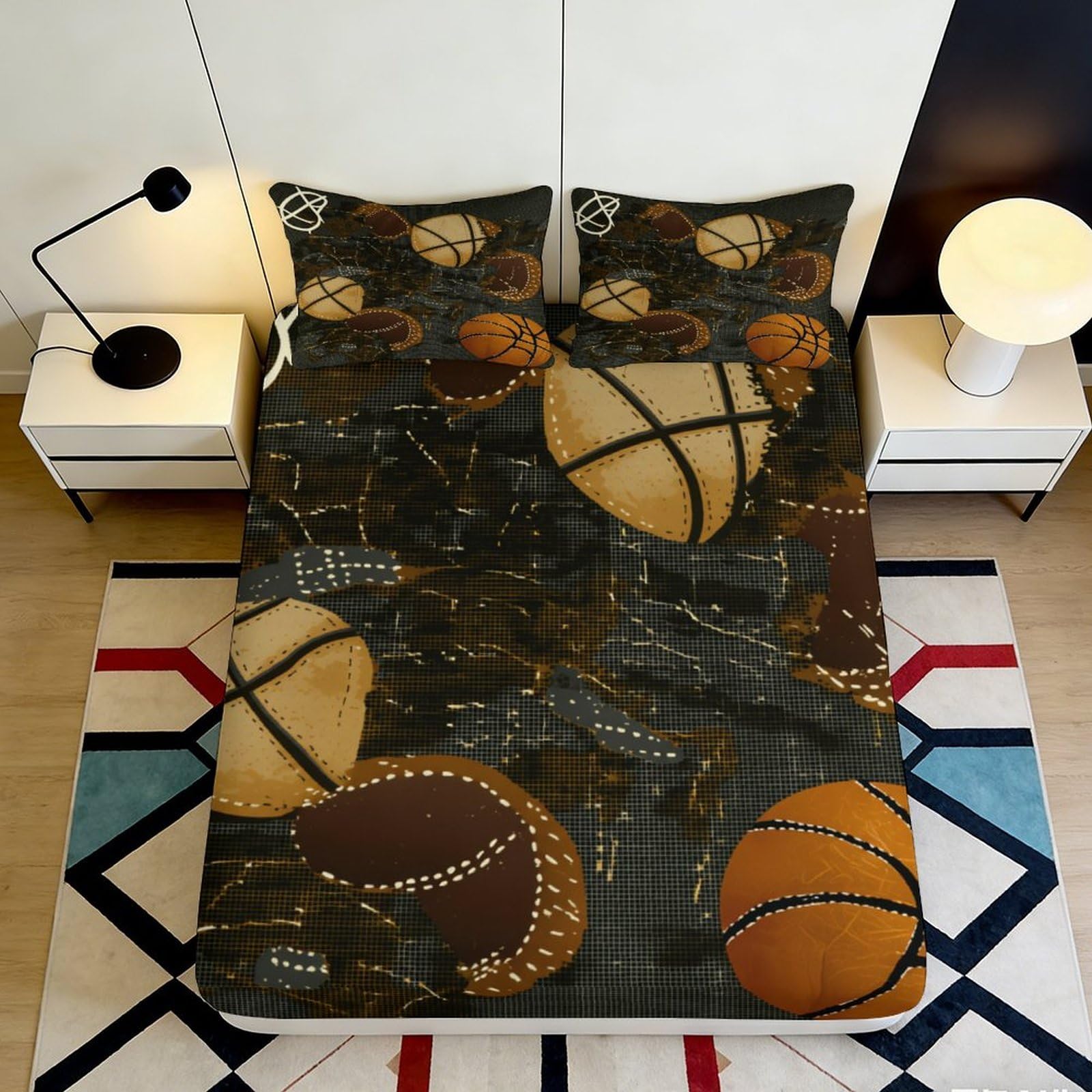 Uxinyoume Style-3 3D Printed Basketball Pattern Fitted Sheet Microfiber Soft Brown Sports Ball Bed Cover For Bedroom Dorm Guest Room Decor 90X200x25cm