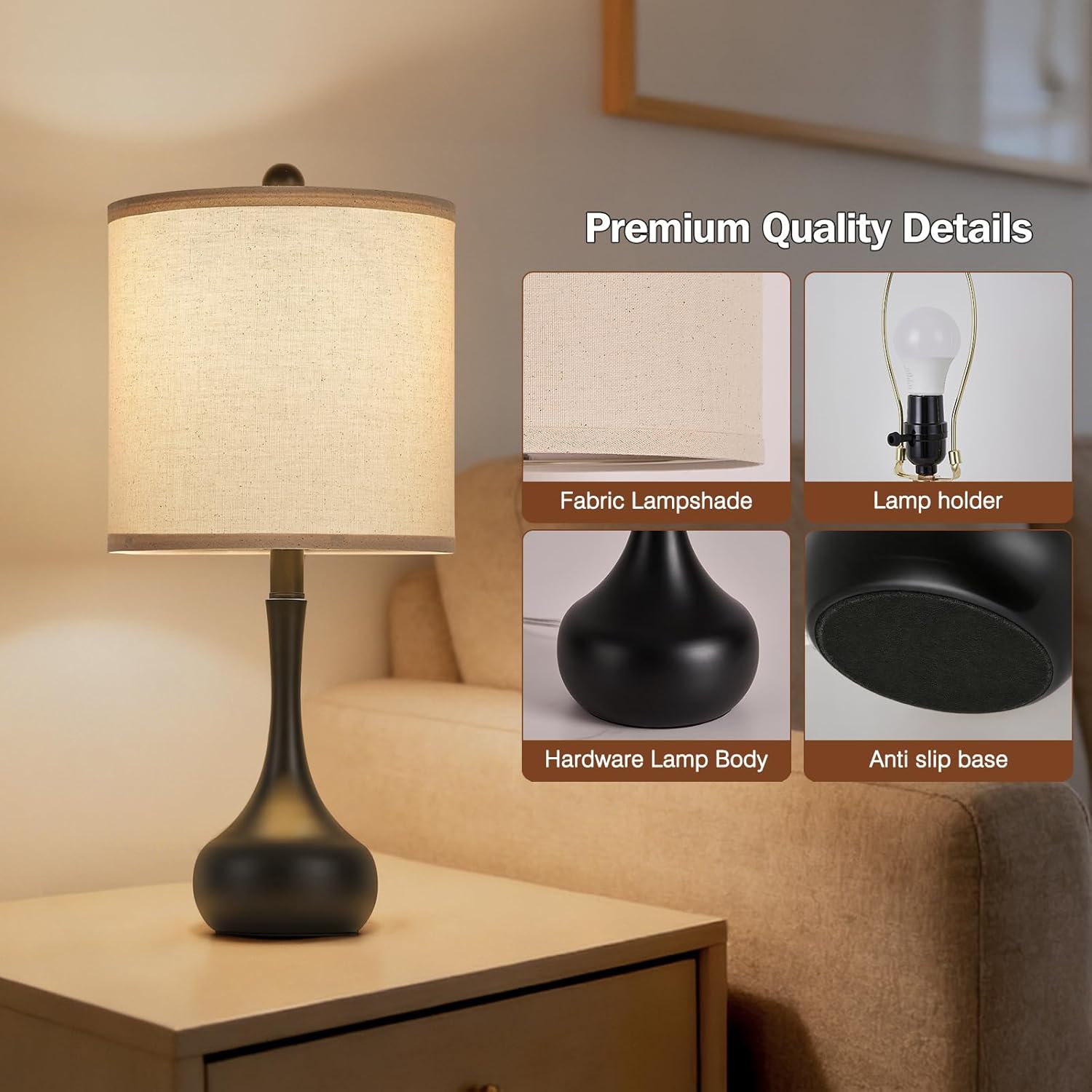 23" Farmhouse Metal Table Lamp Set of 2, Rustic Bedside Lamps for Bedroom, Living Room, Office, Dorm - 3-Way Color Changing, Black, Bulb Included, Home Decor