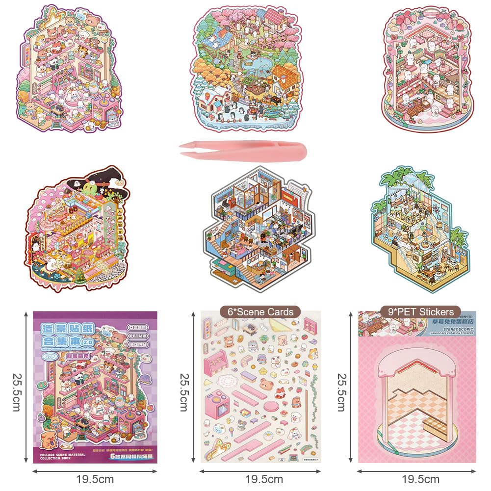 Vicloon DIY 3D House Stickers Scene Kit, 6 Sets 3D Miniature Scene Sticker for Adults Kids Sticker Therapy - Image 2