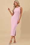 WNEEDU Womens 2026 Summer Dresses Bodycon Sleeveless Slit Ribbed Midi Dress | Trendy casual style,Stretchy knit fabric,Easy to wear with heels or jackets,Suitable for vacation party work daily wear