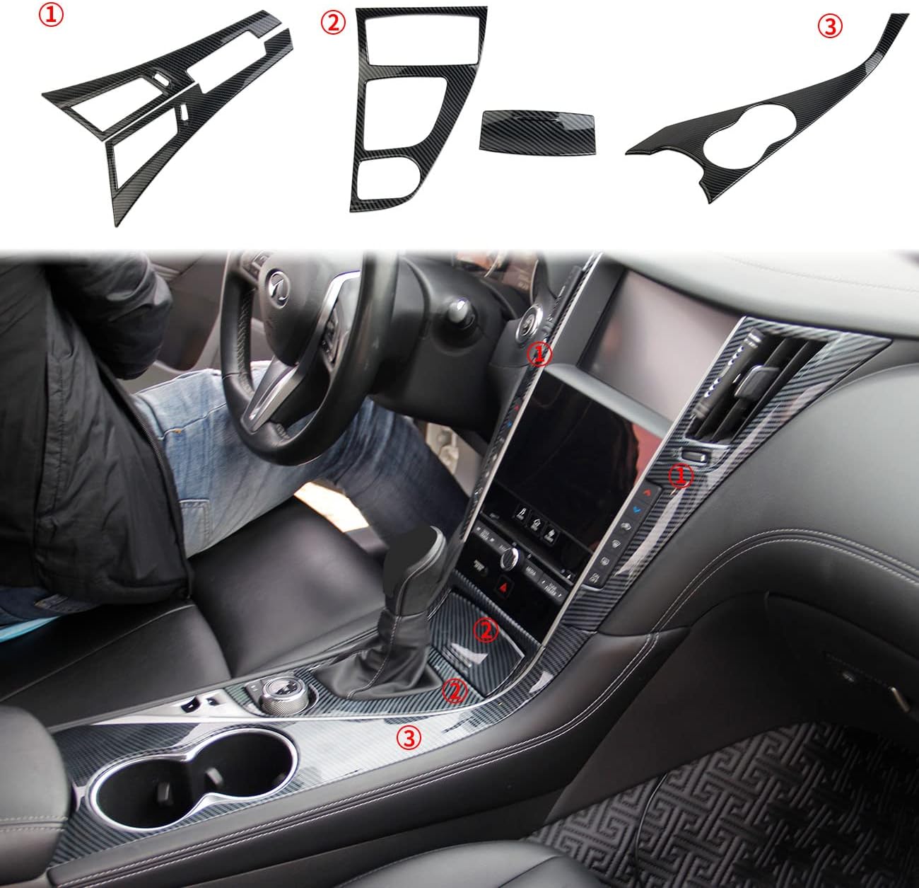 Carbon Fiber Center Console Dashboard Air Vent Gear Cup Holder Panel Cover Trim for Infiniti Q50 2014-2023 Q60 2017-2022