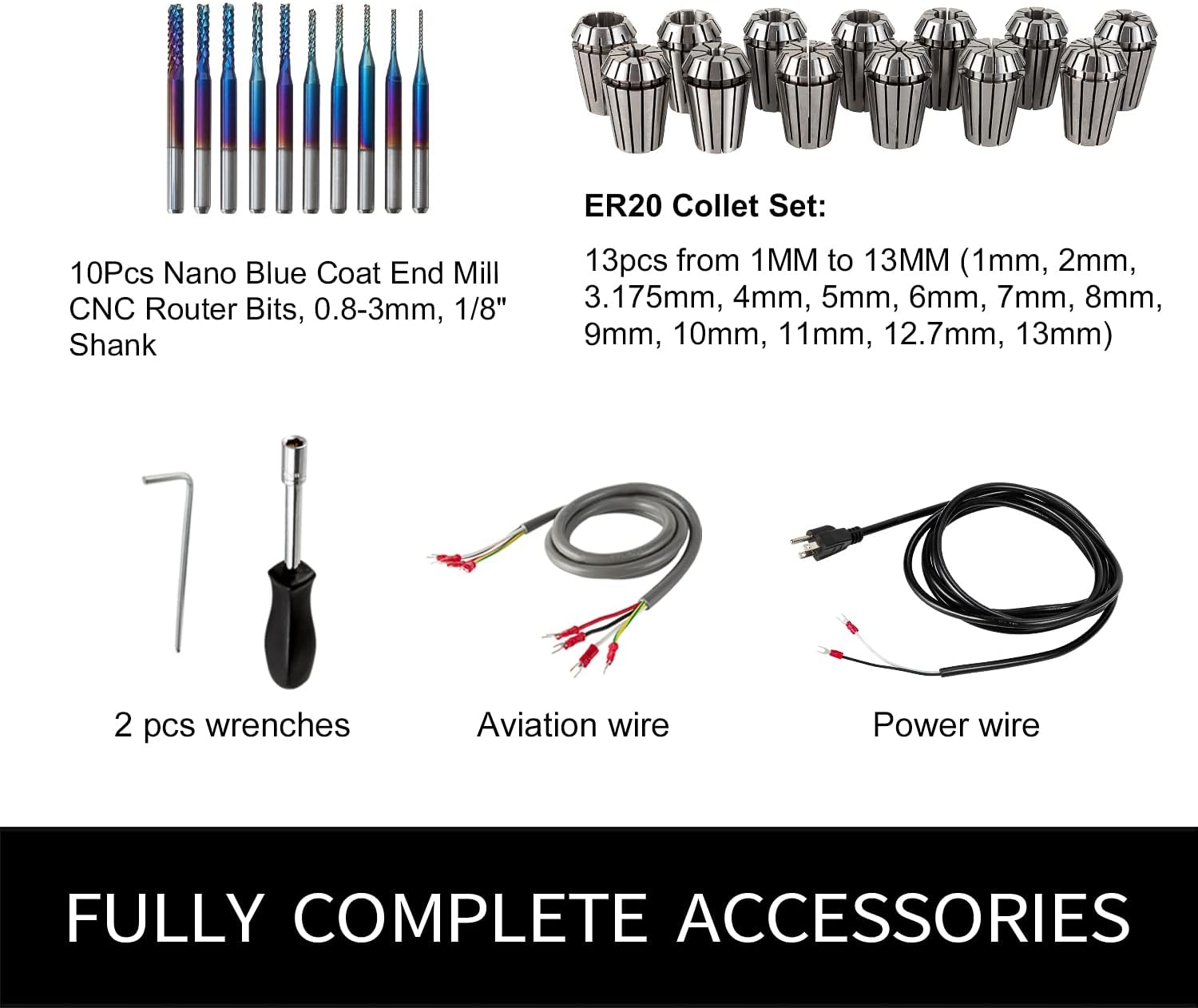 CNC Spindle Motor Kits, 220V 3KW 3000W Air Cooled Spindle Motor Square CNC Spindle CNC Motor + 220V 3.7KW VFD + ER20 13PCS Collets + Aviation Wire + Drill Bits for CNC Router Machine