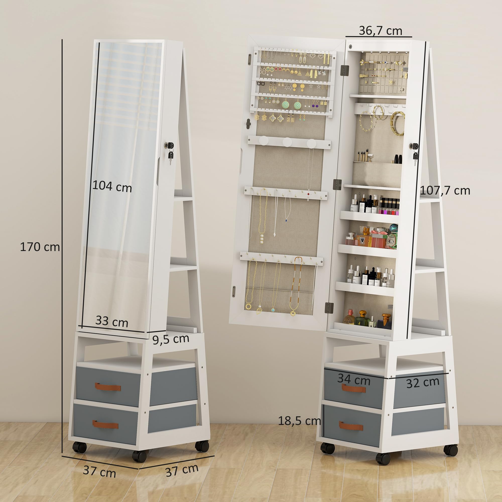 HOMCOM Espejo Joyero con Luces LED Interior, Armario para Joyas con Ruedas, Armario Joyero con Espejo Entero, Giratorio de 360°, Estantes Abiertos, Cajones de Tela, Blanco y Forro Crema