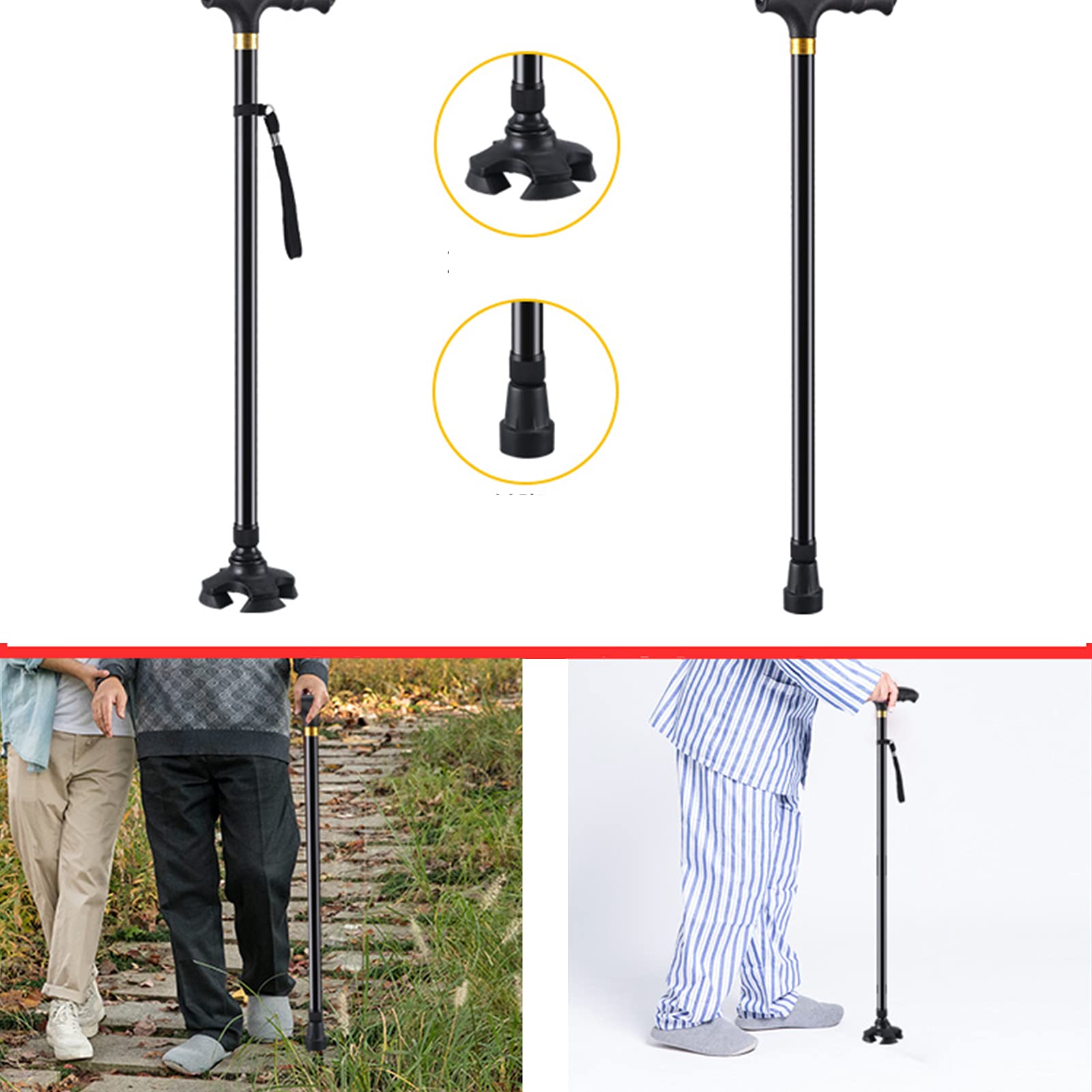 Bastón con Pivotante Pequeña Basar Muleta Incorporado Ajustable Linterna Tener 10 Retráctil Altura Auto De Pie Bastón De 4 Patas,Negro