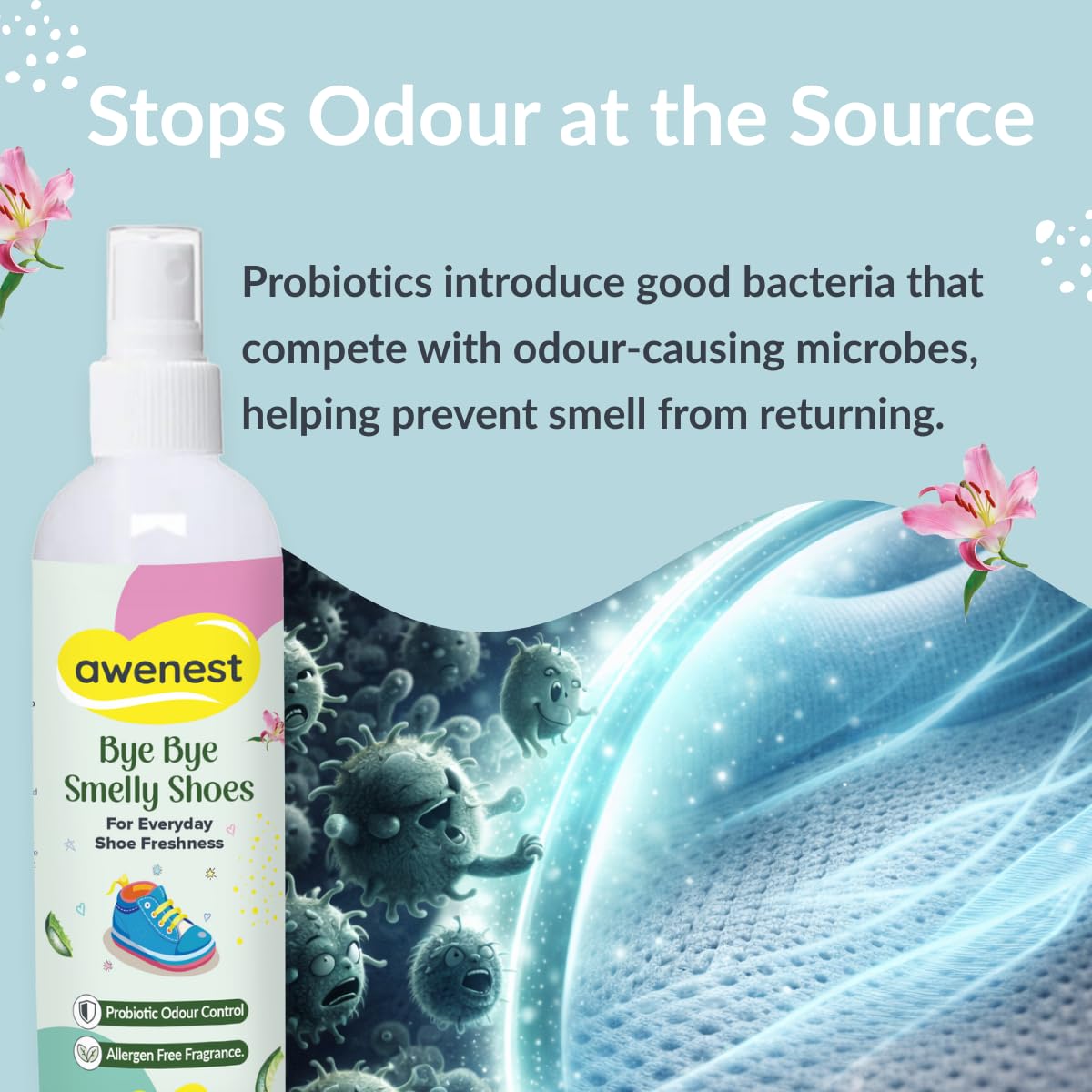 awenest Shoe Deodorizer & Refresher Spray | Odour & Smell Remover for Shoes, Sneakers & Smelly Socks | Probiotic Odour Control, Allergen-Free, Freshens Footwear | Plant- Based and Skin-Friendly - 75ml 2
