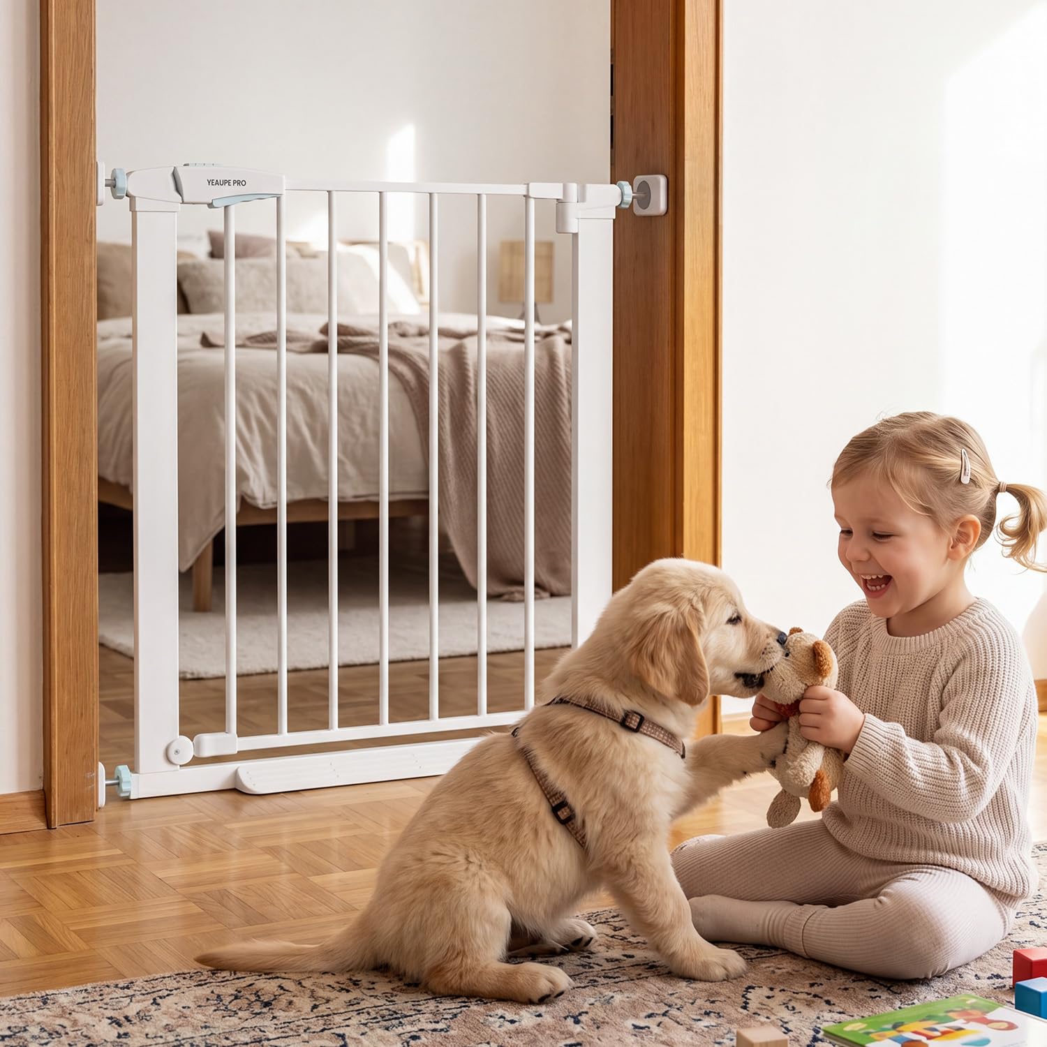 YEAUPE PRO Barrière de Sécurité Enfant 74-78 cm, Barrière Escaliers Portes Pression, Double Verrouillage, Blanc
