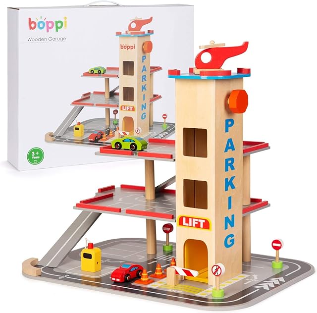 boppi Wooden Toy Garage Carpark With Wooden Car Ramp Including Wooden Cars and Helicopter 12 Piece 39cm High Toy Garage Including Working Lift - Wooden Toys for Kids