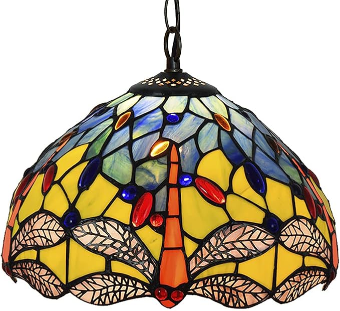 BAJEKO Pastorale Tiffany Tegenhanger Licht Inrichting voor Keukeneiland, 12 inch Antieke Dragonfly Stijl Blauw Geel Gebrandschilderd Glas Handwerk Hangende Lamp voor Bar Hal Eetkamer,B