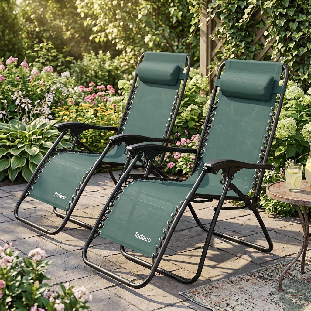 Todeco Chaises Longues Zéro Gravité Lot de 2, Fauteuils Relax de Jardin Pliables en Textilène Respirant avec Repose-Tête, Dossier Inclinable Multiposition, Bain de Soleil Terrasse Balcon Piscine, Vert