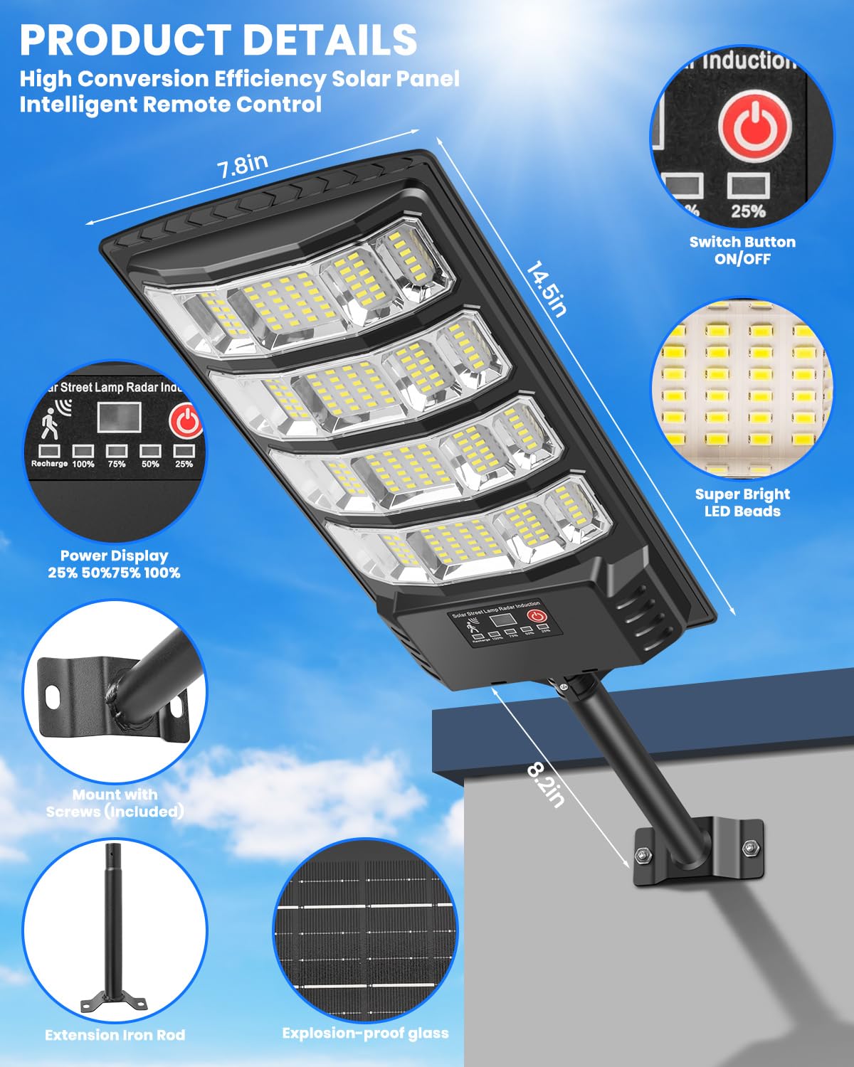 LEKIA Lampione Solare per Esterno, 6500K Lampada Stradale Solare con Sensore di Movimento, Telecomando, Impermeabili 320° Illuminazione Faretto Solari con Pannello per Giardino, Strada (2 Pezzi)