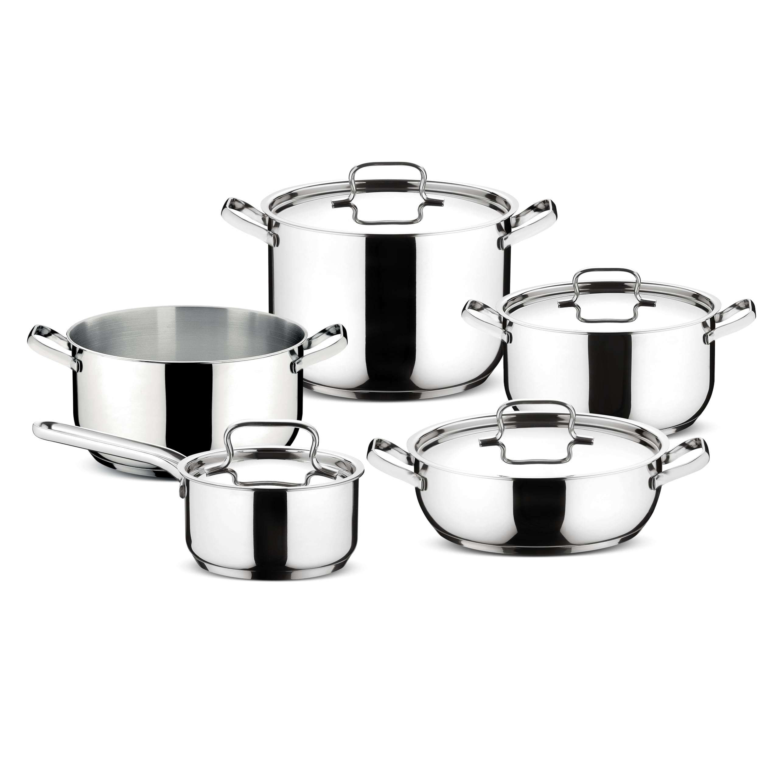 Lagostina Sfiziosa Lot de 9 casseroles avec fond Lagoseal Plus pour tous les étages de cuisson, revêtement en acier inoxydable pour chauffage rapide et cuisson uniforme, design élégant de longue durée | Fond Lagoseal Plus triple couche, avec 1 casserole,