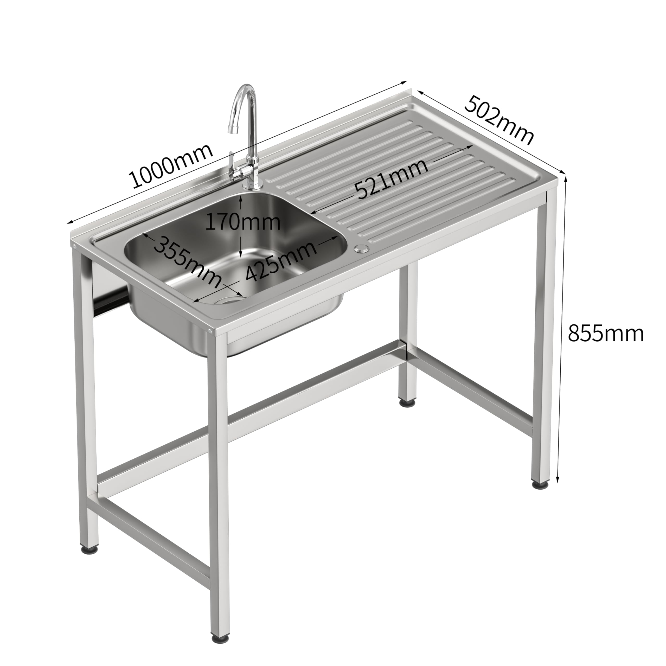 Fregadero Industrial Acero Inoxidable, 1 Seno con Escurridor, 1000x500x850 mm, Acabado Pulido Satinado, Ideal Hostelería y Cocina Profesional (Sin Grifo, Seno Izquierda)